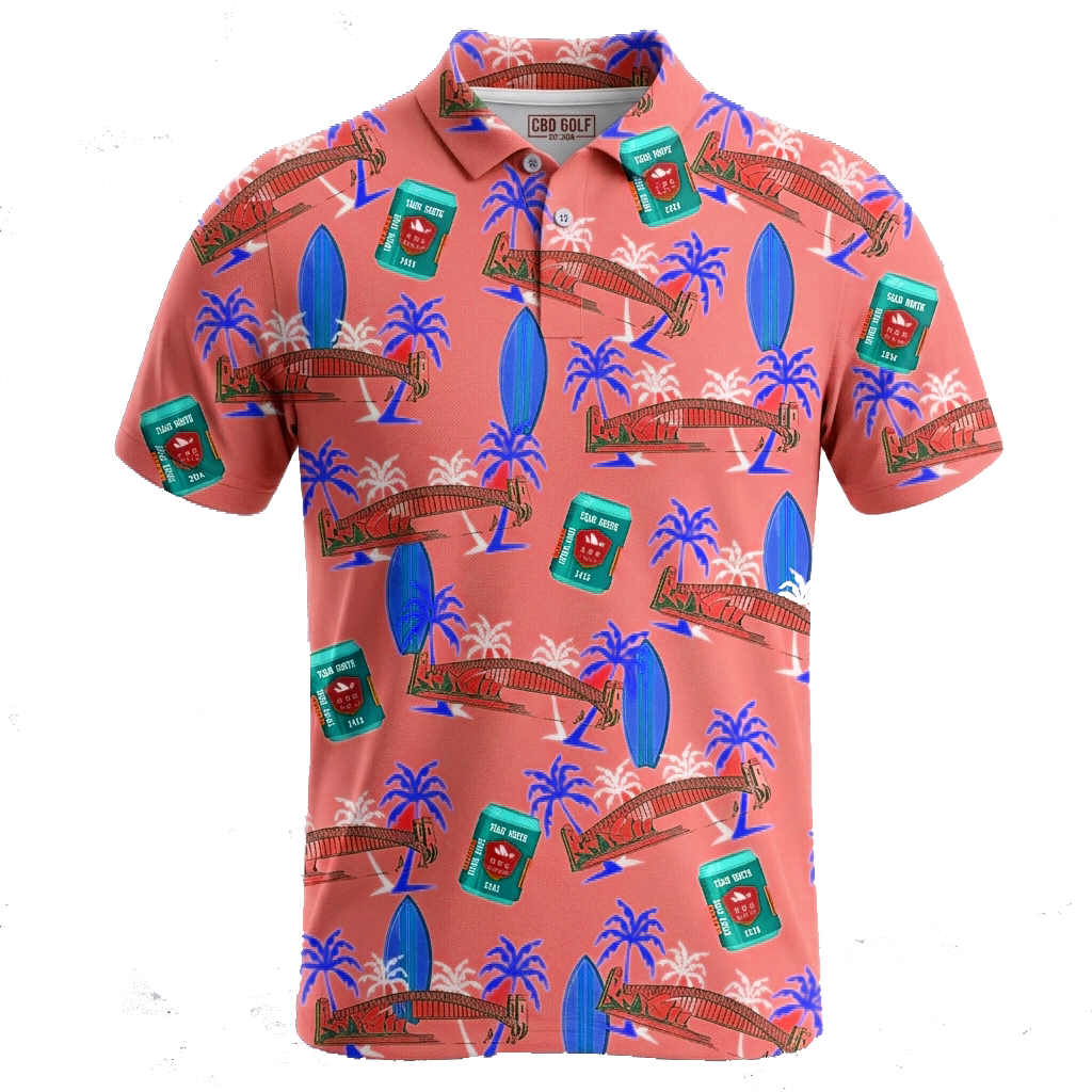 Mockup of the North v South Sydney 2026 burnt orange polo with Harbour Bridge and surfboard print
