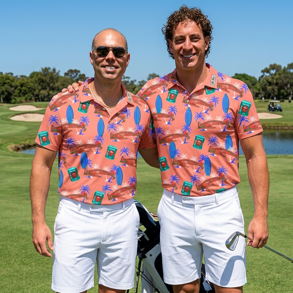 Two golfers wearing the North v South Sydney 2026 burnt orange tour polo on the course
